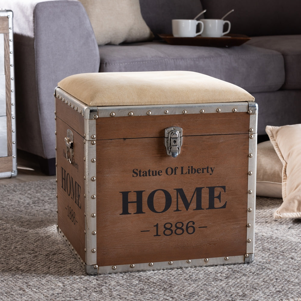 BAXTON STUDIO VIOLETTA VINTAGE INDUSTRIAL BEIGE FABRIC UPHOLSTERED WOOD STORAGE TRUNK OTTOMAN