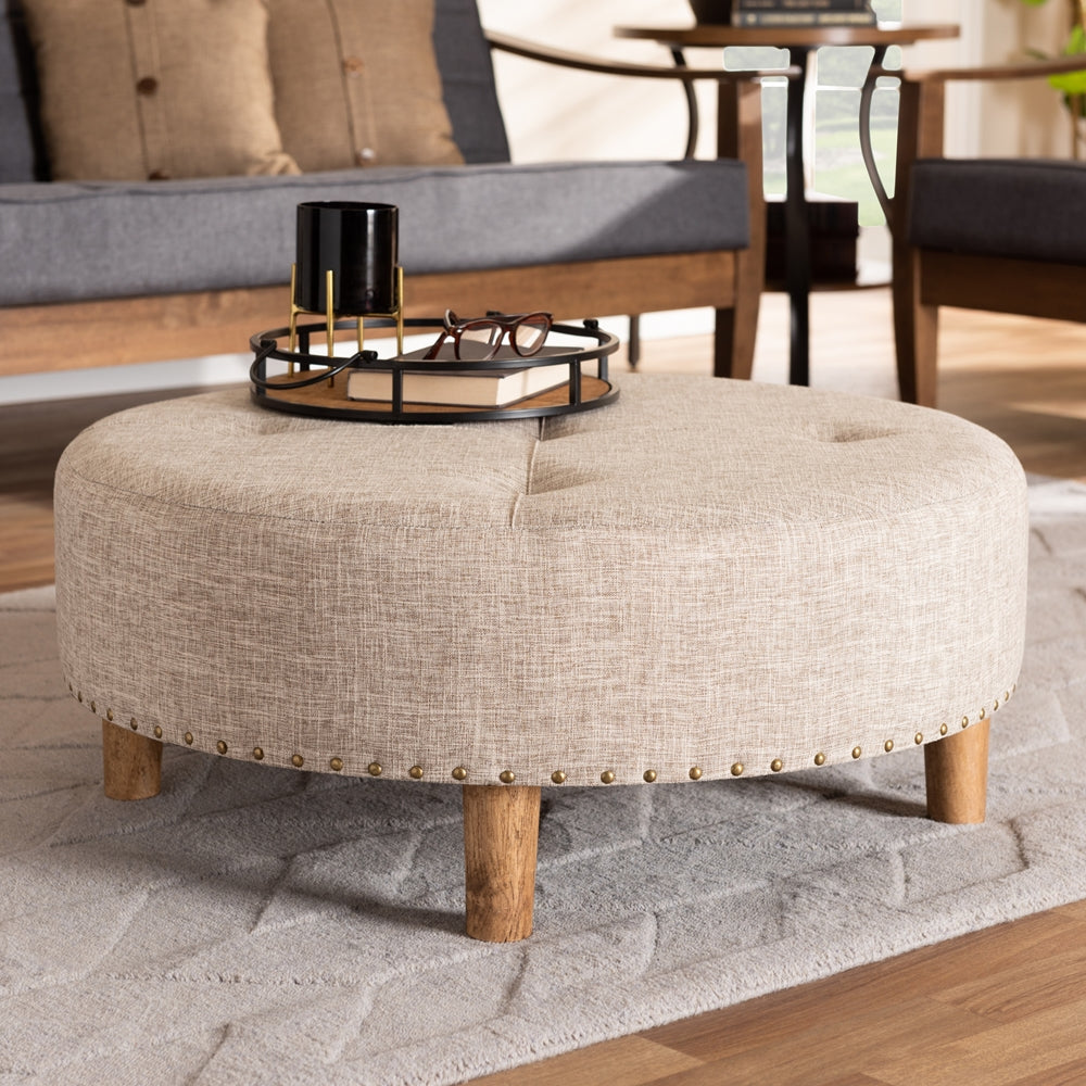 Baxton Studio Vinet Modern And Contemporary Beige Fabric Upholstered Natural Wood Cocktail Ottoman