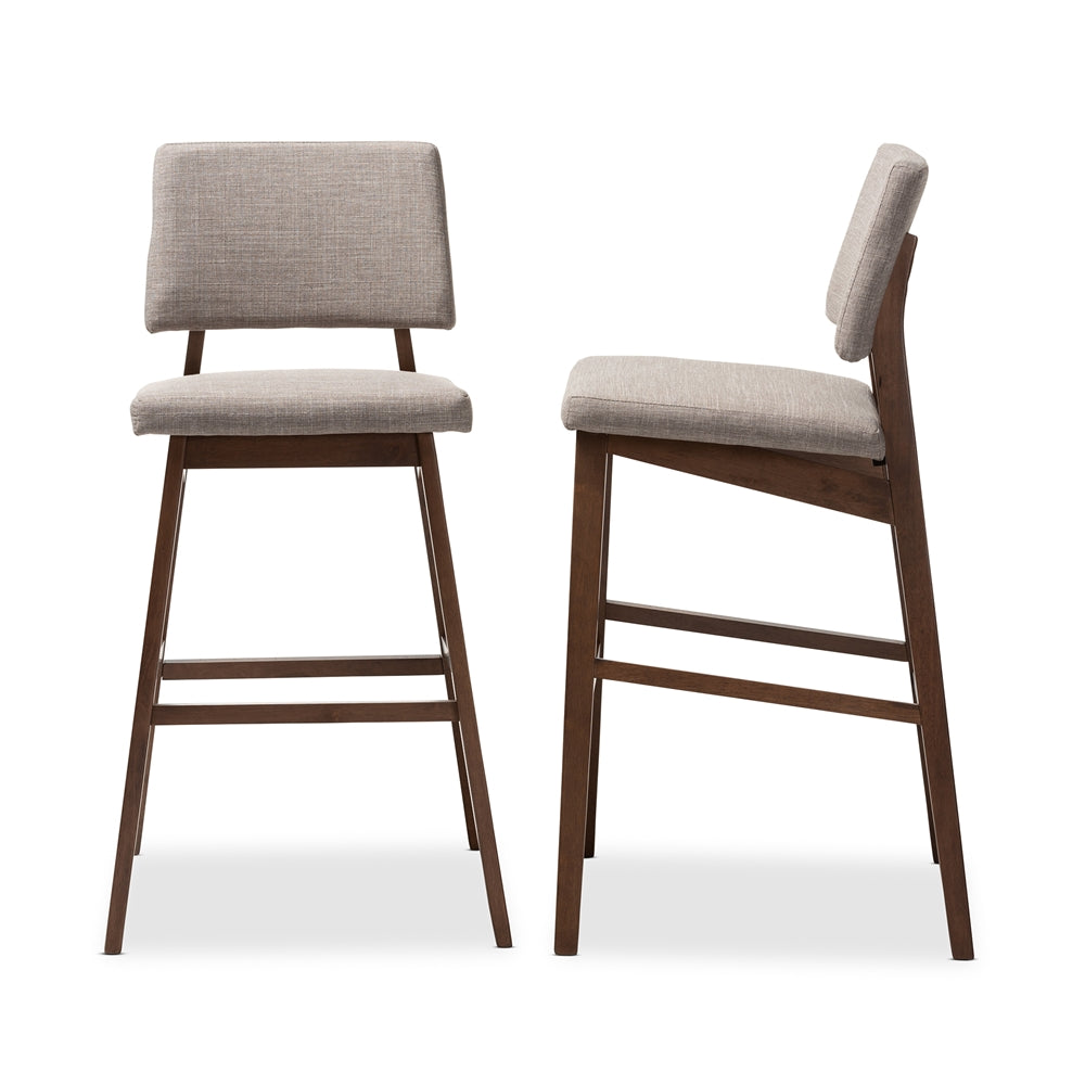 Baxton Studio Colton Mid-Century Modern Light Gray Fabric Upholstered And Walnut-Finished Wood Bar Stool Set Of 2