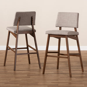 Baxton Studio Colton Mid-Century Modern Light Gray Fabric Upholstered And Walnut-Finished Wood Bar Stool Set Of 2