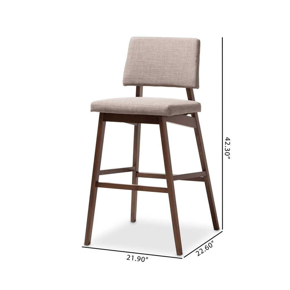 Baxton Studio Colton Mid-Century Modern Light Gray Fabric Upholstered And Walnut-Finished Wood Bar Stool Set Of 2