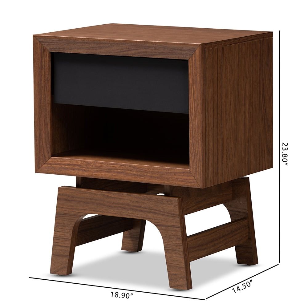 Baxton Studio Svante Mid-Century Modern Walnut Brown And Dark Gray Finished Wood 1-Drawer Nightstand