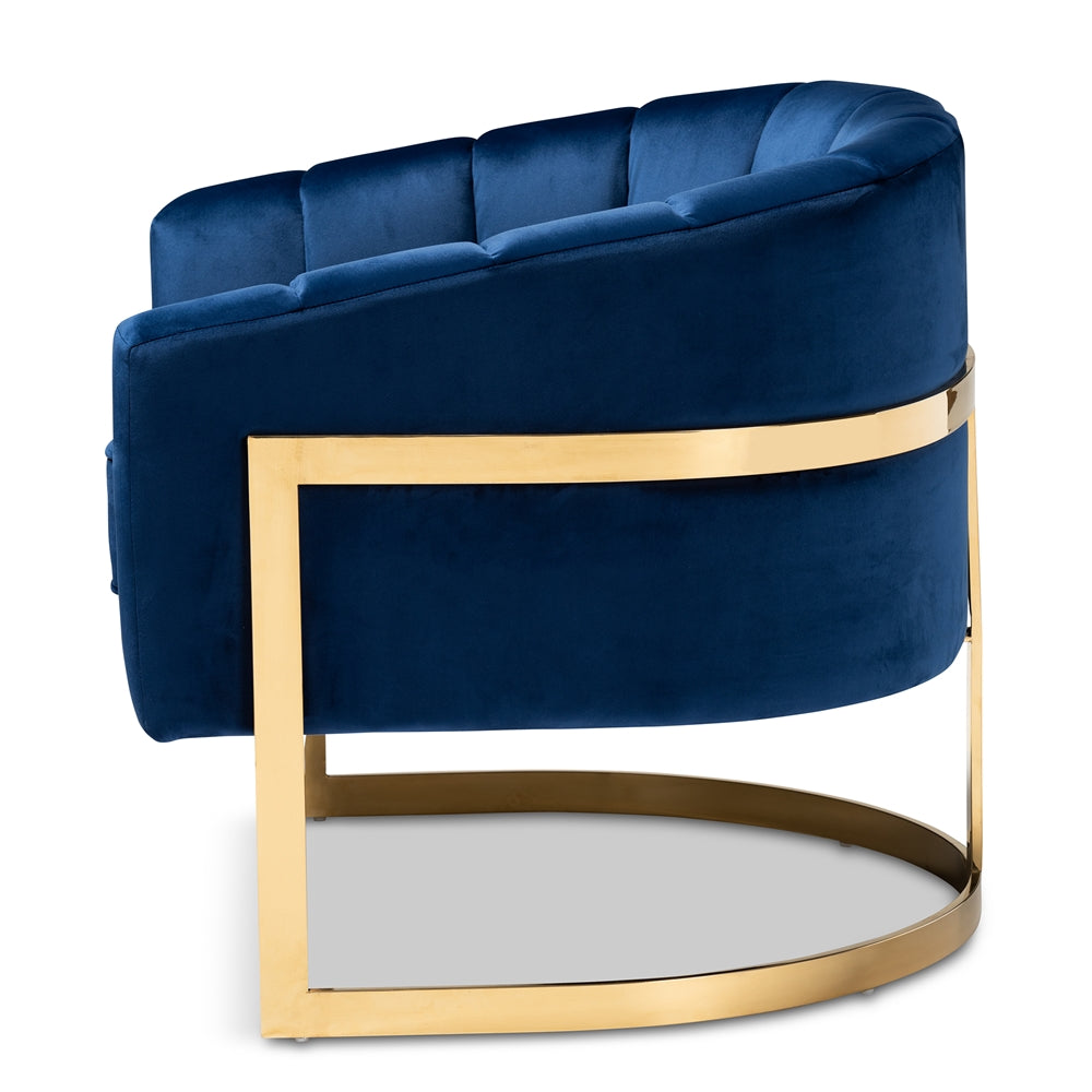 Baxton Studio Tomasso Glam Royal Blue Velvet Fabric Upholstered Gold-Finished Lounge Chair