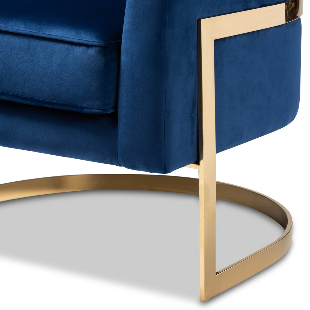 BAXTON STUDIO TOMASSO GLAM ROYAL BLUE VELVET FABRIC UPHOLSTERED GOLD-FINISHED LOUNGE CHAIR