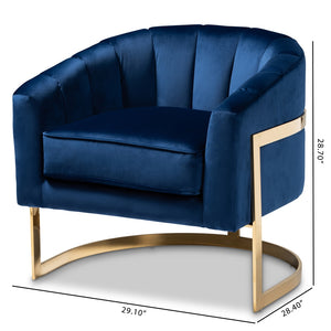 Baxton Studio Tomasso Glam Royal Blue Velvet Fabric Upholstered Gold-Finished Lounge Chair