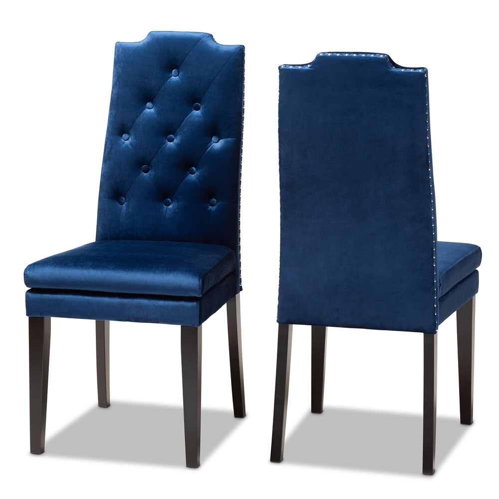 Baxton Studio Dylin Modern And Contemporary Navy Blue Velvet Fabric Upholstered Button Tufted Wood Dining Chair Set Of 2