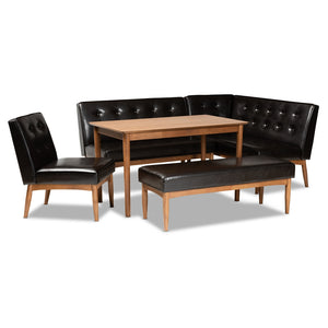 Baxton Studio Arvid Mid-Century Modern Dark Brown Faux Upholstered Leather 5-Piece Wood Dining Nook Set