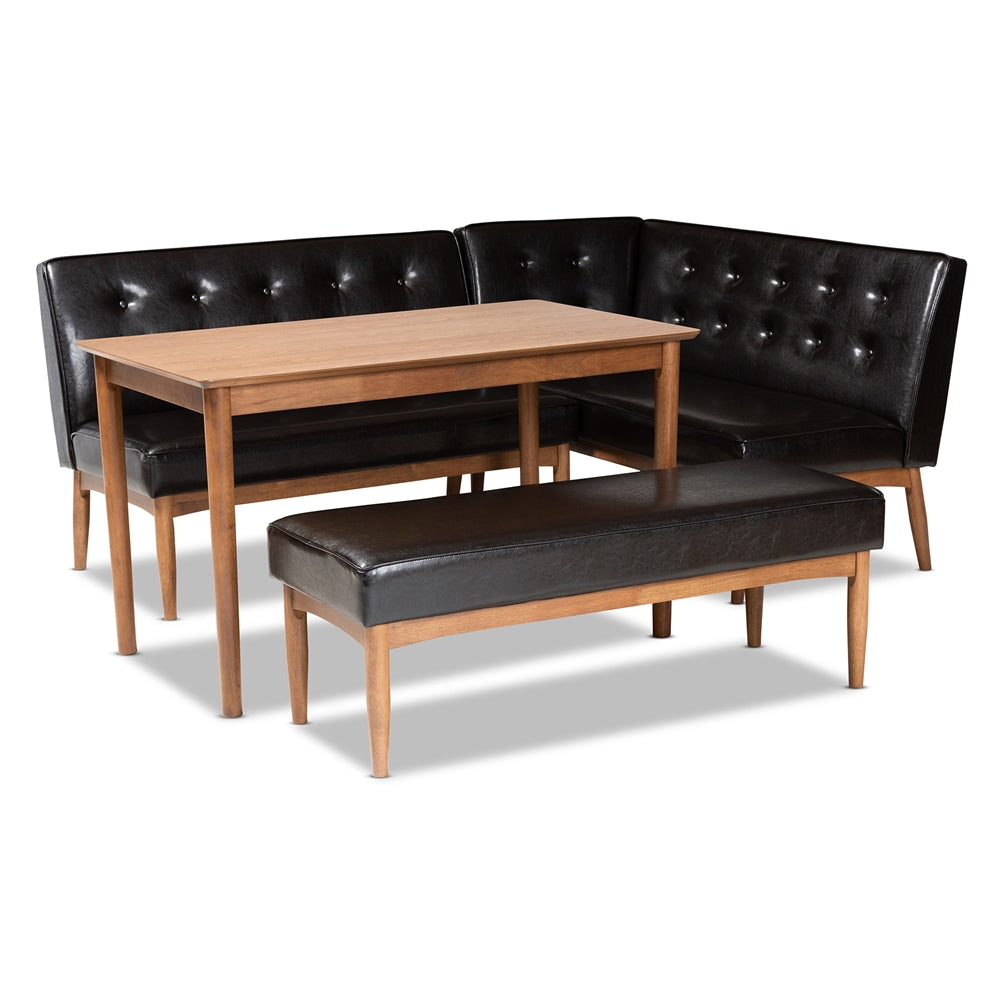 Baxton Studio Arvid Mid-Century Modern Dark Brown Faux Leather Upholstered 4-Piece Wood Dining Nook Set