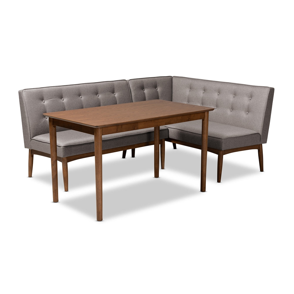 BAXTON STUDIO ARVID MID-CENTURY MODERN GRAY FABRIC UPHOLSTERED 3-PIECE WOOD DINING NOOK SET