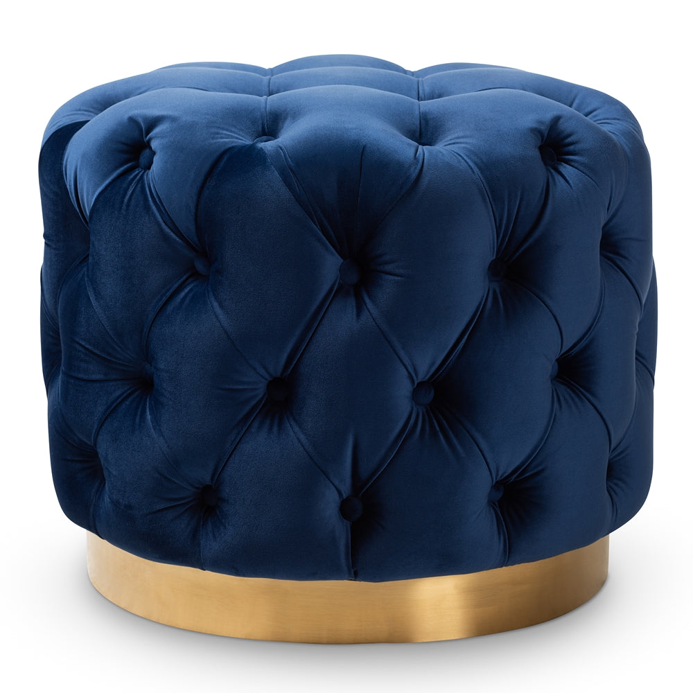 Baxton Studio Valeria Glam Royal Blue Velvet Fabric Upholstered Gold-Finished Button Tufted Ottoman