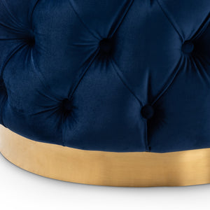 BAXTON STUDIO VALERIA GLAM ROYAL BLUE VELVET FABRIC UPHOLSTERED GOLD-FINISHED BUTTON TUFTED OTTOMAN