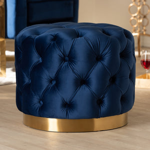 Baxton Studio Valeria Glam Royal Blue Velvet Fabric Upholstered Gold-Finished Button Tufted Ottoman