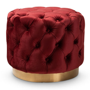 Baxton Studio Valeria Glam Burgundy Red Velvet Fabric Upholstered Gold-Finished Button Tufted Ottoman