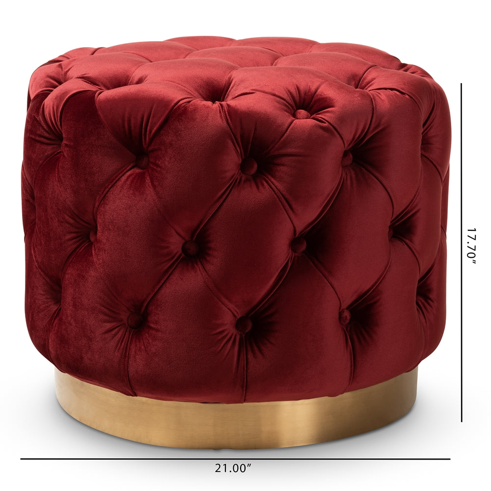 Baxton Studio Valeria Glam Burgundy Red Velvet Fabric Upholstered Gold-Finished Button Tufted Ottoman