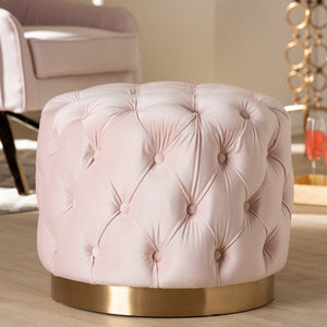 Baxton Studio Valeria Glam Light Pink Velvet Fabric Upholstered Gold-Finished Button Tufted Ottoman