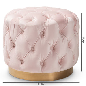 Baxton Studio Valeria Glam Light Pink Velvet Fabric Upholstered Gold-Finished Button Tufted Ottoman