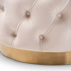 BAXTON STUDIO VALERIA GLAM LIGHT BEIGE VELVET FABRIC UPHOLSTERED GOLD-FINISHED BUTTON TUFTED OTTOMAN