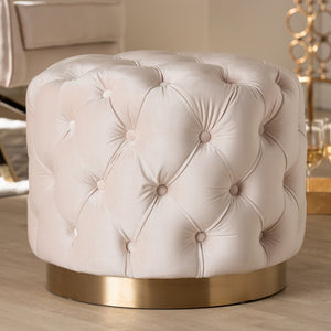 Baxton Studio Valeria Glam Light Beige Velvet Fabric Upholstered Gold-Finished Button Tufted Ottoman