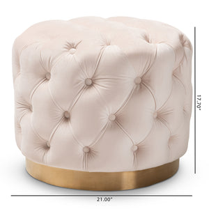 Baxton Studio Valeria Glam Light Beige Velvet Fabric Upholstered Gold-Finished Button Tufted Ottoman