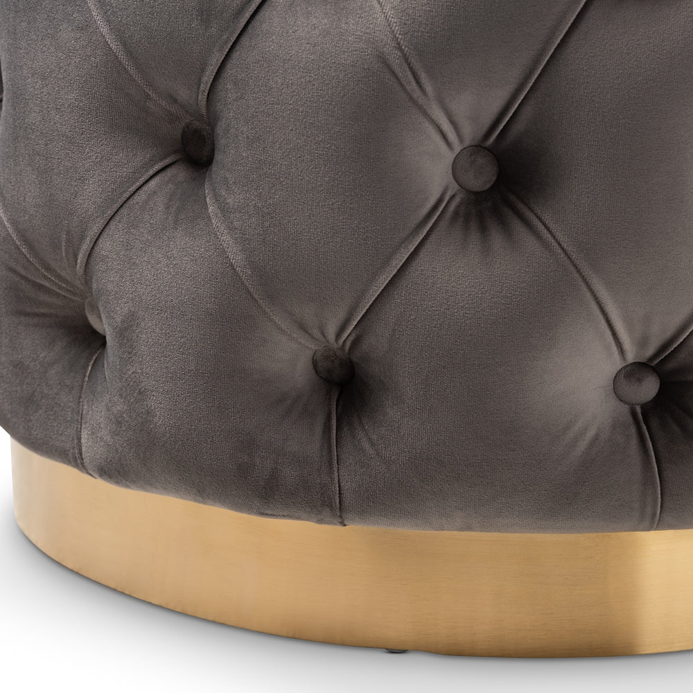 BAXTON STUDIO VALERIA GLAM GRAY VELVET FABRIC UPHOLSTERED GOLD-FINISHED BUTTON TUFTED OTTOMAN