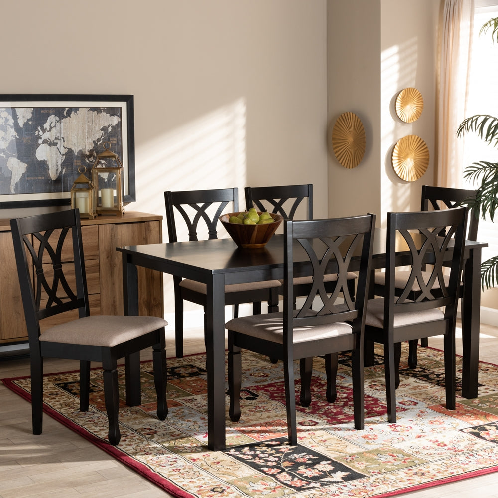 Baxton Studio Reneau Modern And Contemporary Sand Fabric Upholstered Espresso Brown Finished Wood 7-Piece Dining Set