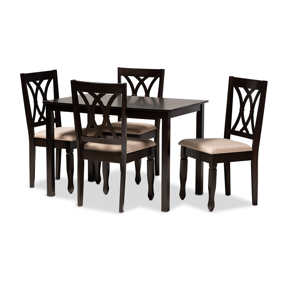 Baxton Studio Reneau Modern And Contemporary Sand Fabric Upholstered Espresso Brown Finished Wood 5-Piece Dining Set