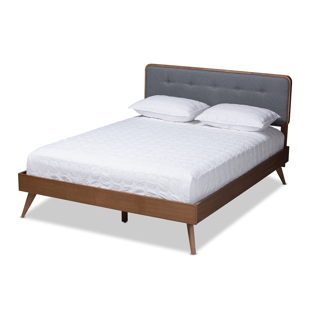 Baxton Studio Dilara Mid-Century Modern Fabric Upholstered and Walnut Brown Finished Wood Platform Bed