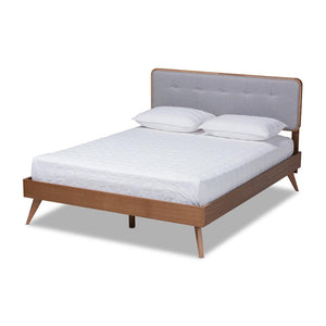 Baxton Studio Dilara Mid-Century Modern Fabric Upholstered and Walnut Brown Finished Wood Platform Bed