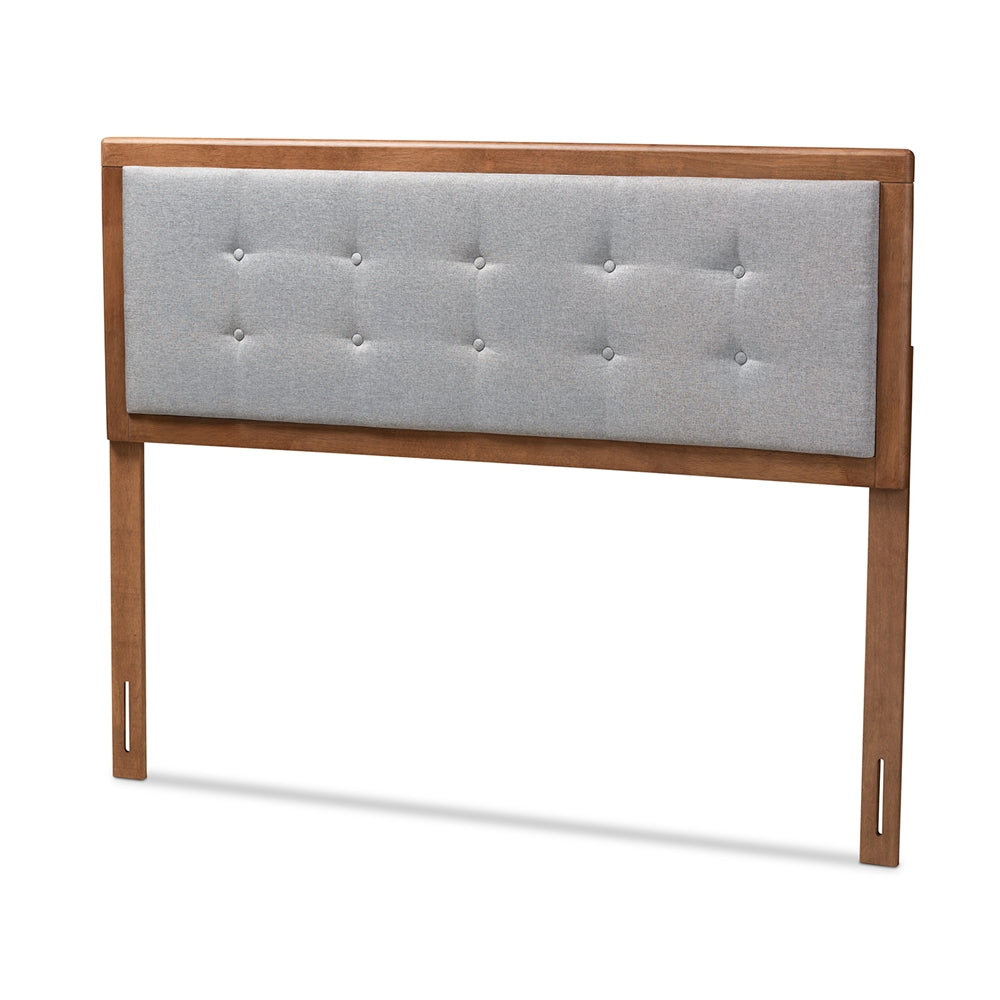 Baxton Studio Sarine Mid-Century Modern Light Grey Fabric Upholstered Walnut Brown Finished Wood King Size Headboard