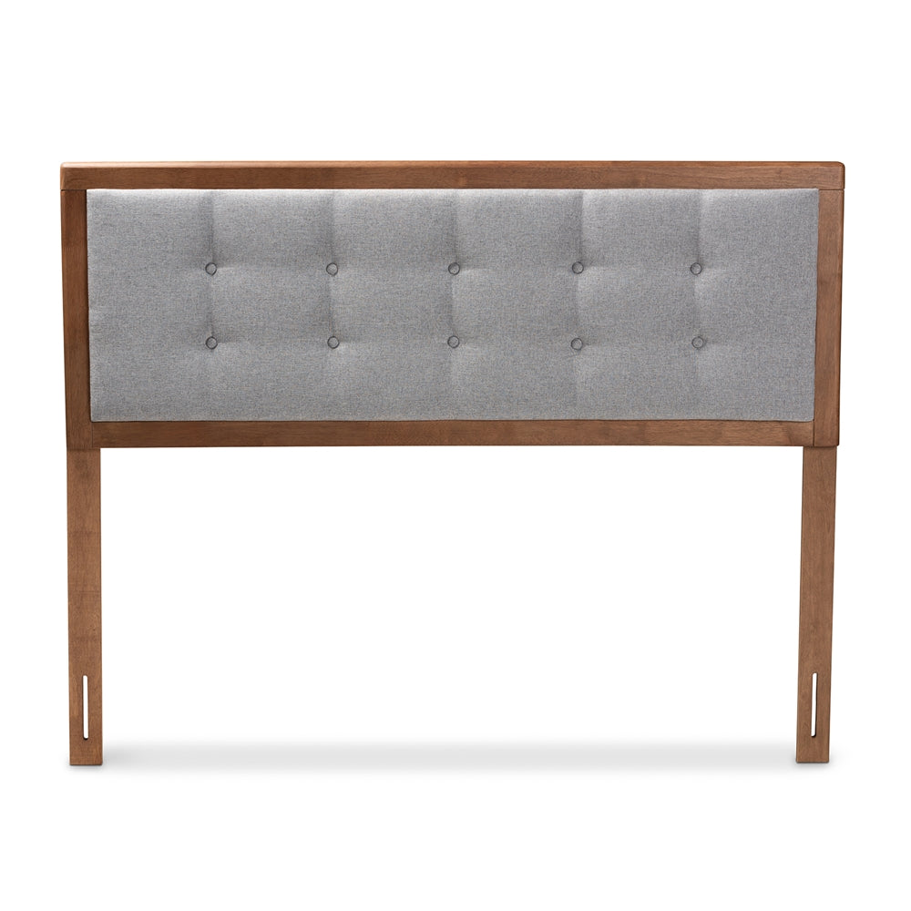 Baxton Studio Sarine Mid-Century Modern Light Grey Fabric Upholstered Walnut Brown Finished Wood Queen Size Headboard