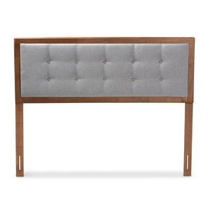 Baxton Studio Sarine Mid-Century Modern Light Grey Fabric Upholstered Walnut Brown Finished Wood King Size Headboard