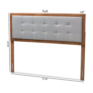 BAXTON STUDIO SARINE MID-CENTURY MODERN LIGHT GREY FABRIC UPHOLSTERED WALNUT BROWN FINISHED WOOD KING SIZE HEADBOARD