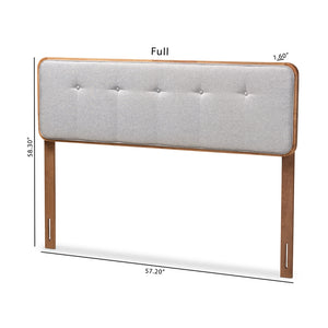 BAXTON STUDIO PALINA MID-CENTURY MODERN LIGHT GREY FABRIC UPHOLSTERED WALNUT BROWN FINISHED WOOD FULL SIZE HEADBOARD