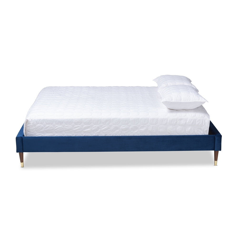 Baxton Studio Volden Glam And Luxe Navy Blue Velvet Fabric Upholstered Full Size Wood Platform Bed Frame With Gold-Tone Leg Tips