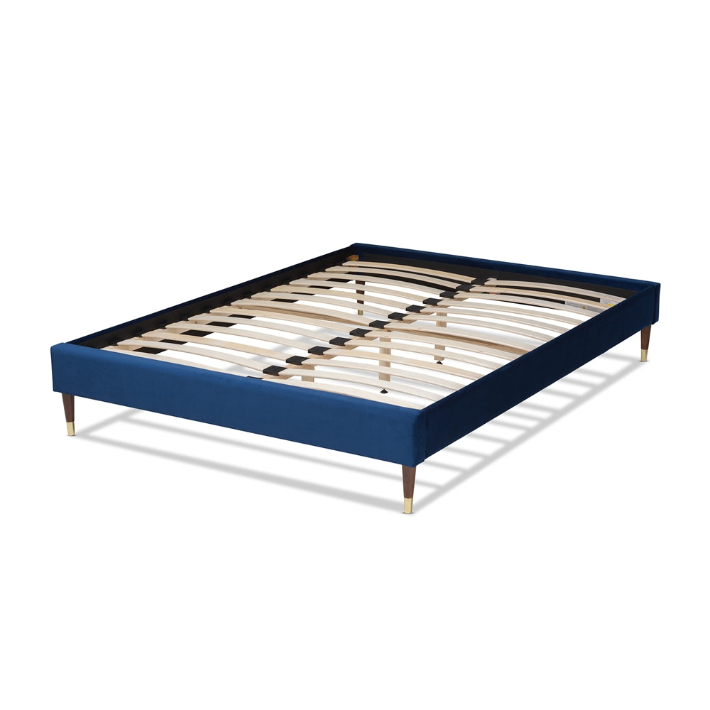 Baxton Studio Volden Glam And Luxe Navy Blue Velvet Fabric Upholstered Full Size Wood Platform Bed Frame With Gold-Tone Leg Tips