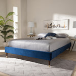 Load image into Gallery viewer, Baxton Studio Volden Glam And Navy Blue Velvet Fabric Upholstered King Size Wood Platform Bed Frame With Gold-Tone Leg Tips
