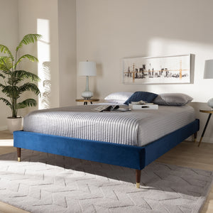 Baxton Studio Volden Glam And Navy Blue Velvet Fabric Upholstered King Size Wood Platform Bed Frame With Gold-Tone Leg Tips