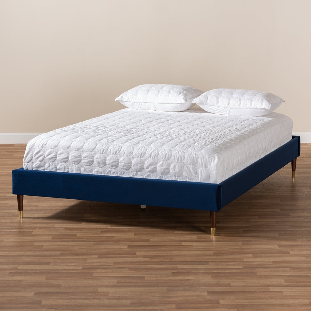 BAXTON STUDIO VOLDEN GLAM AND NAVY BLUE VELVET FABRIC UPHOLSTERED KING SIZE WOOD PLATFORM BED FRAME WITH GOLD-TONE LEG TIPS