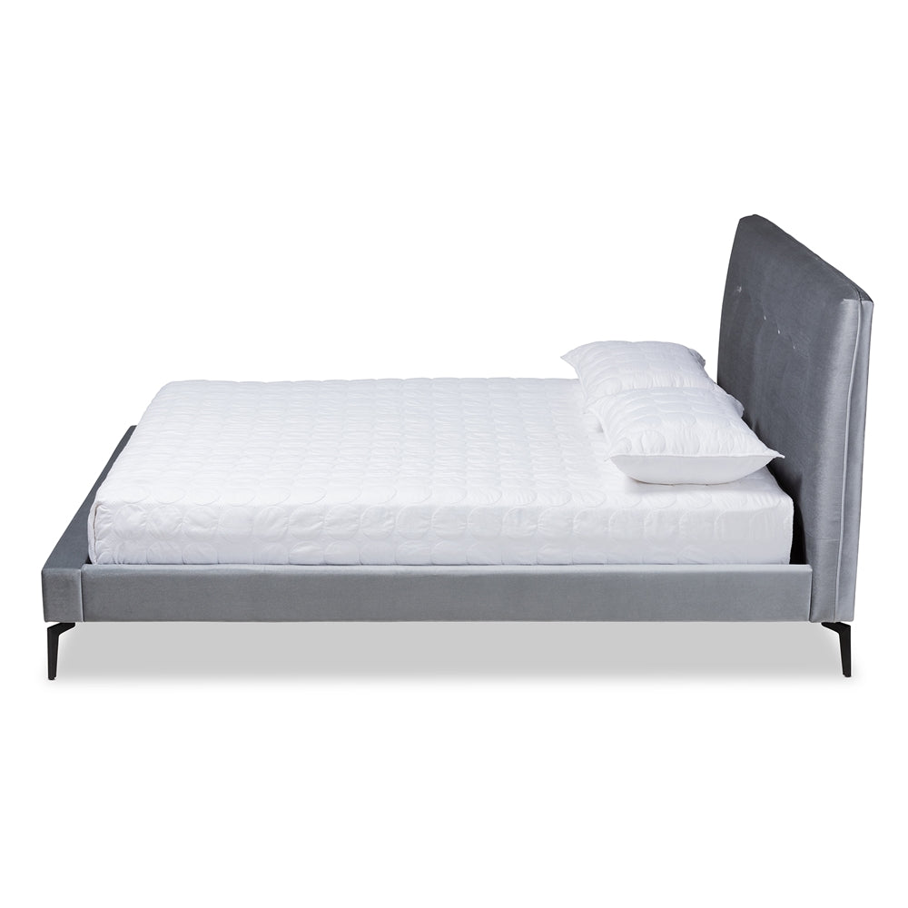 Baxton Studio Ingrid Glam And Luxe Silver Grey Velvet Fabric Upholstered Queen Size Platform Bed