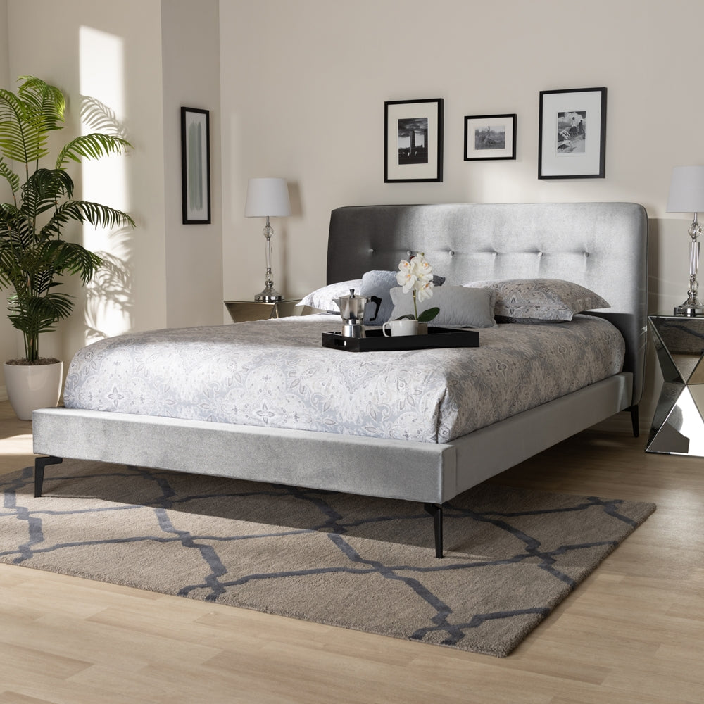 BAXTON STUDIO INGRID GLAM AND LUXE SILVER GREY VELVET FABRIC UPHOLSTERED QUEEN SIZE PLATFORM BED