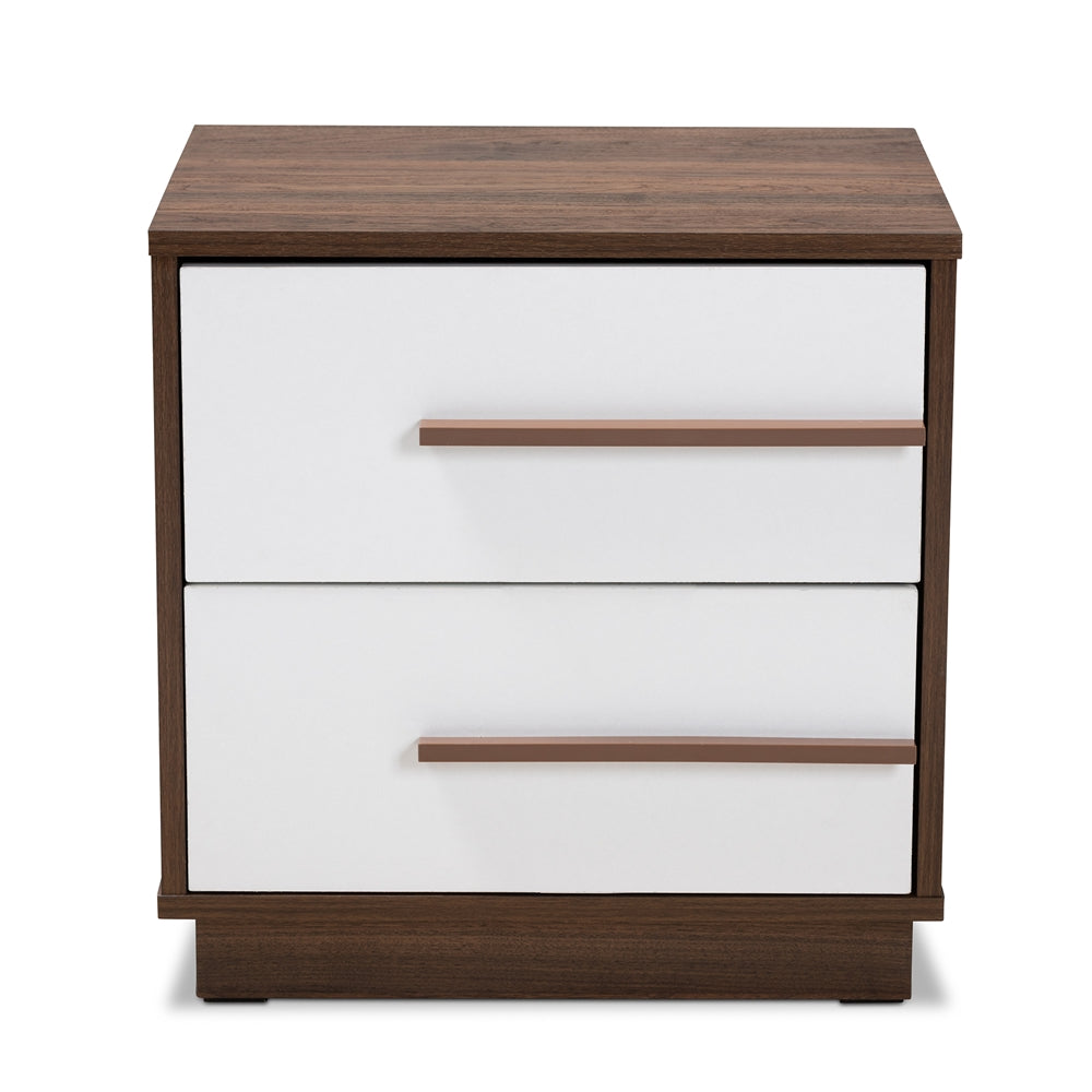 Baxton Studio Mette Mid-Century Modern Two-Tone White And Walnut Finished 2-Drawer Wood Nightstand