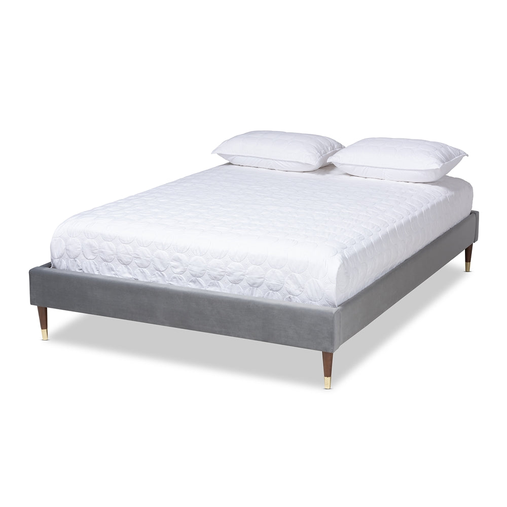 Baxton Studio Volden Glam And Luxe Charcoal Velvet Fabric Upholstered Queen Size Wood Platform Bed Frame With Gold-Tone Leg Tips