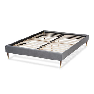 Baxton Studio Volden Glam And Luxe Charcoal Velvet Fabric Upholstered Queen Size Wood Platform Bed Frame With Gold-Tone Leg Tips