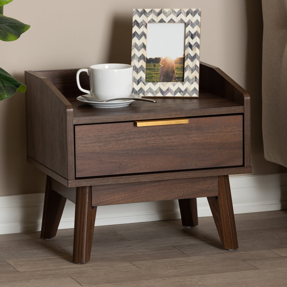 Baxton Studio Lena Mid-Century Modern Walnut Brown Finished 1-Drawer Wood Nightstand