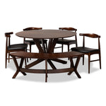 Load image into Gallery viewer, Baxton Studio Berlin Mid-Century Modern Black Faux Leather Upholstered Walnut Finished 6-Piece Wood Dining Set
