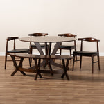 Load image into Gallery viewer, Baxton Studio Berlin Mid-Century Modern Black Faux Leather Upholstered Walnut Finished 6-Piece Wood Dining Set
