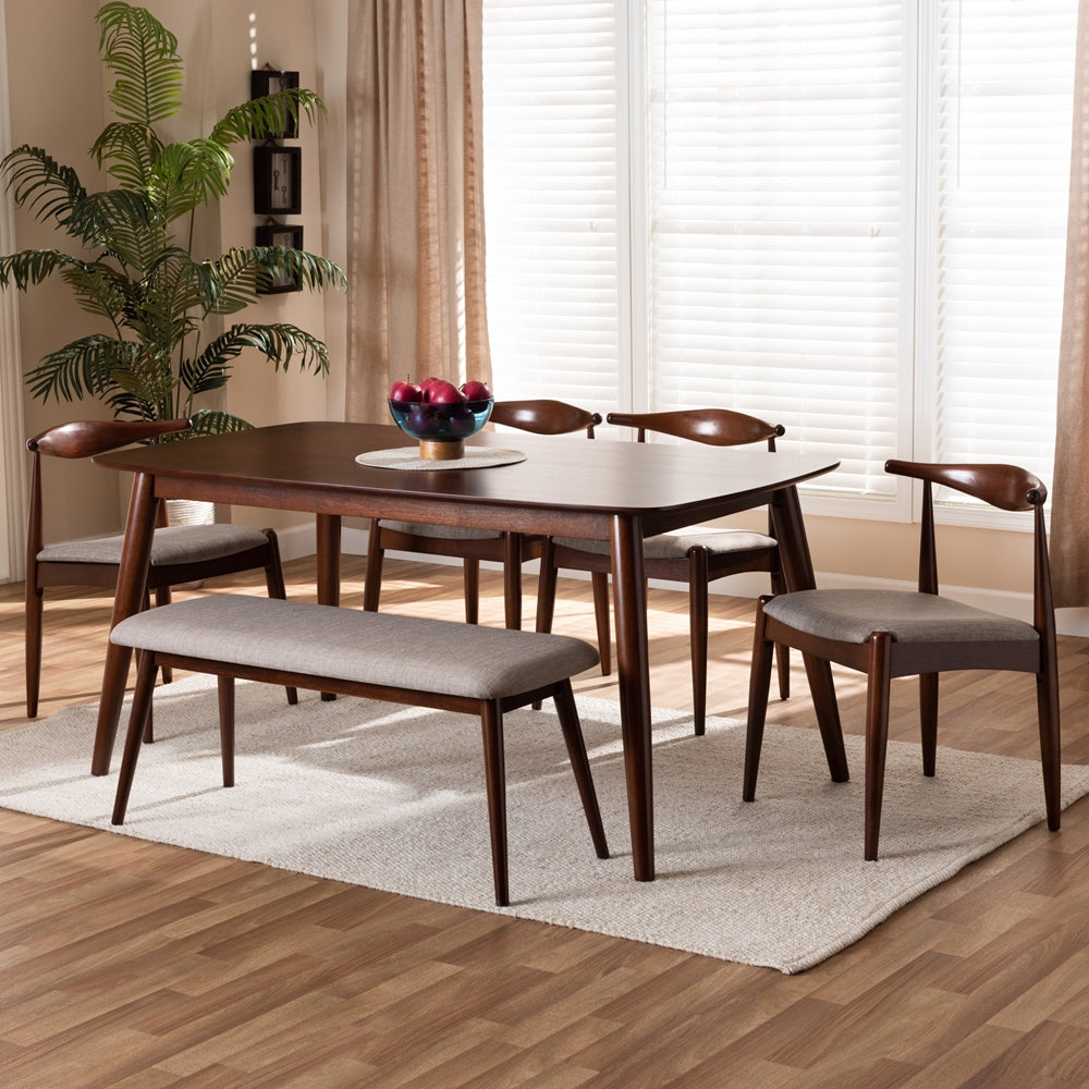 Baxton Studio Amato Mid-Century Modern Light Gray Fabric Upholstered Walnut Finished Wood 6-Piece Dining Set