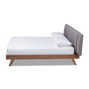 Baxton Studio Brita Mid-Century Modern Grey Fabric Upholstered Walnut Finished Wood Queen Size Bed