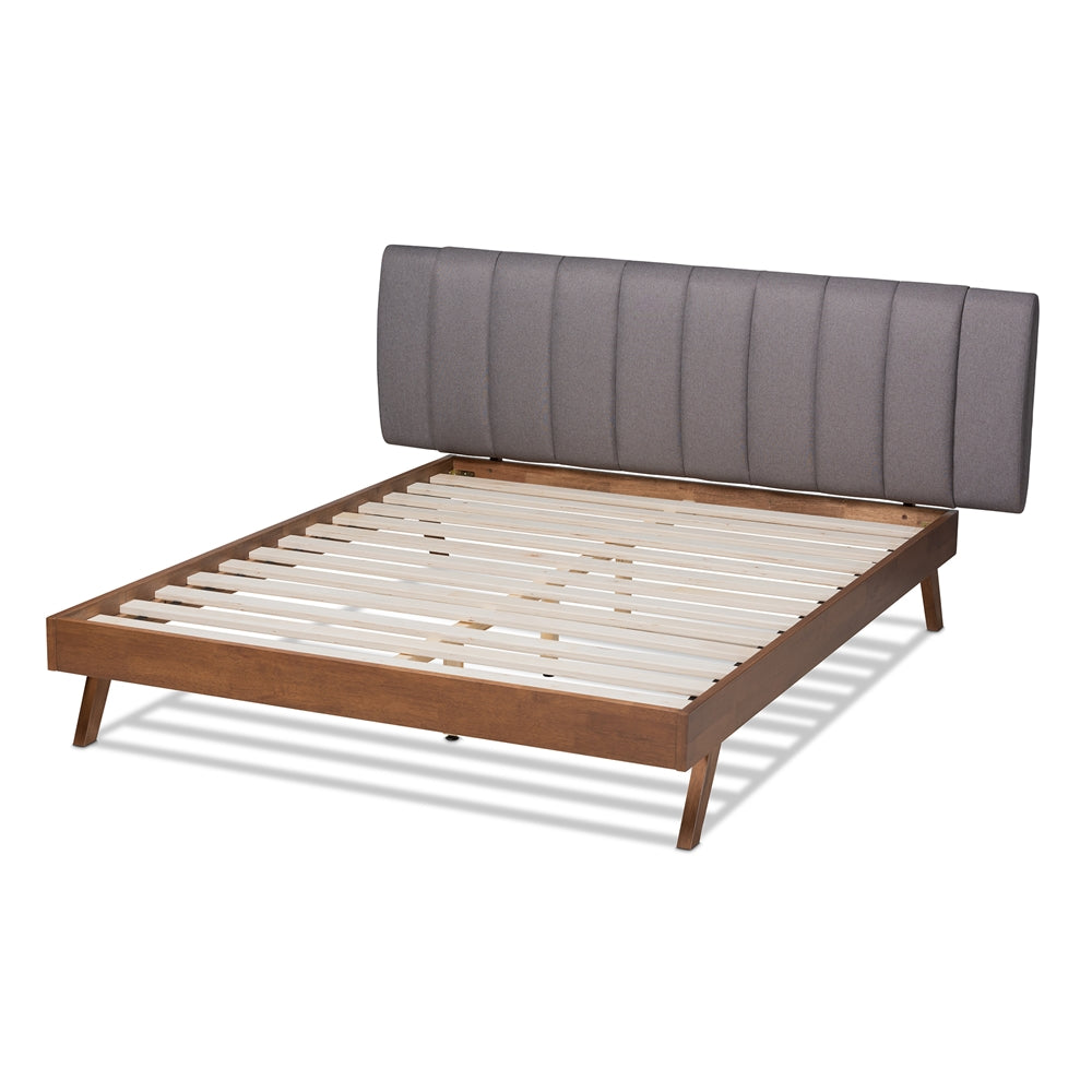 Baxton Studio Brita Mid-Century Modern Grey Fabric Upholstered Walnut Finished Wood King Size Bed