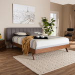 Load image into Gallery viewer, BAXTON STUDIO BRITA MID-CENTURY MODERN GREY FABRIC UPHOLSTERED WALNUT FINISHED WOOD KING SIZE BED
